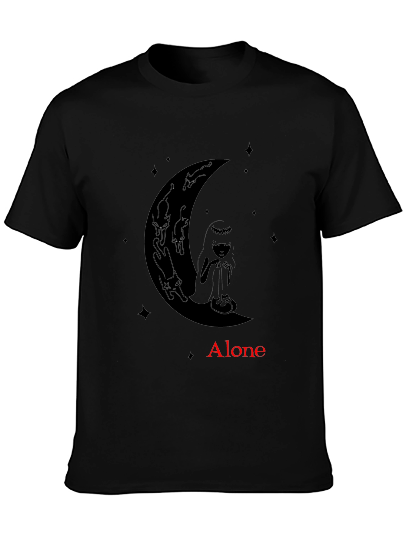 Alone Girl & Cats Moon Graphic Tee - Black