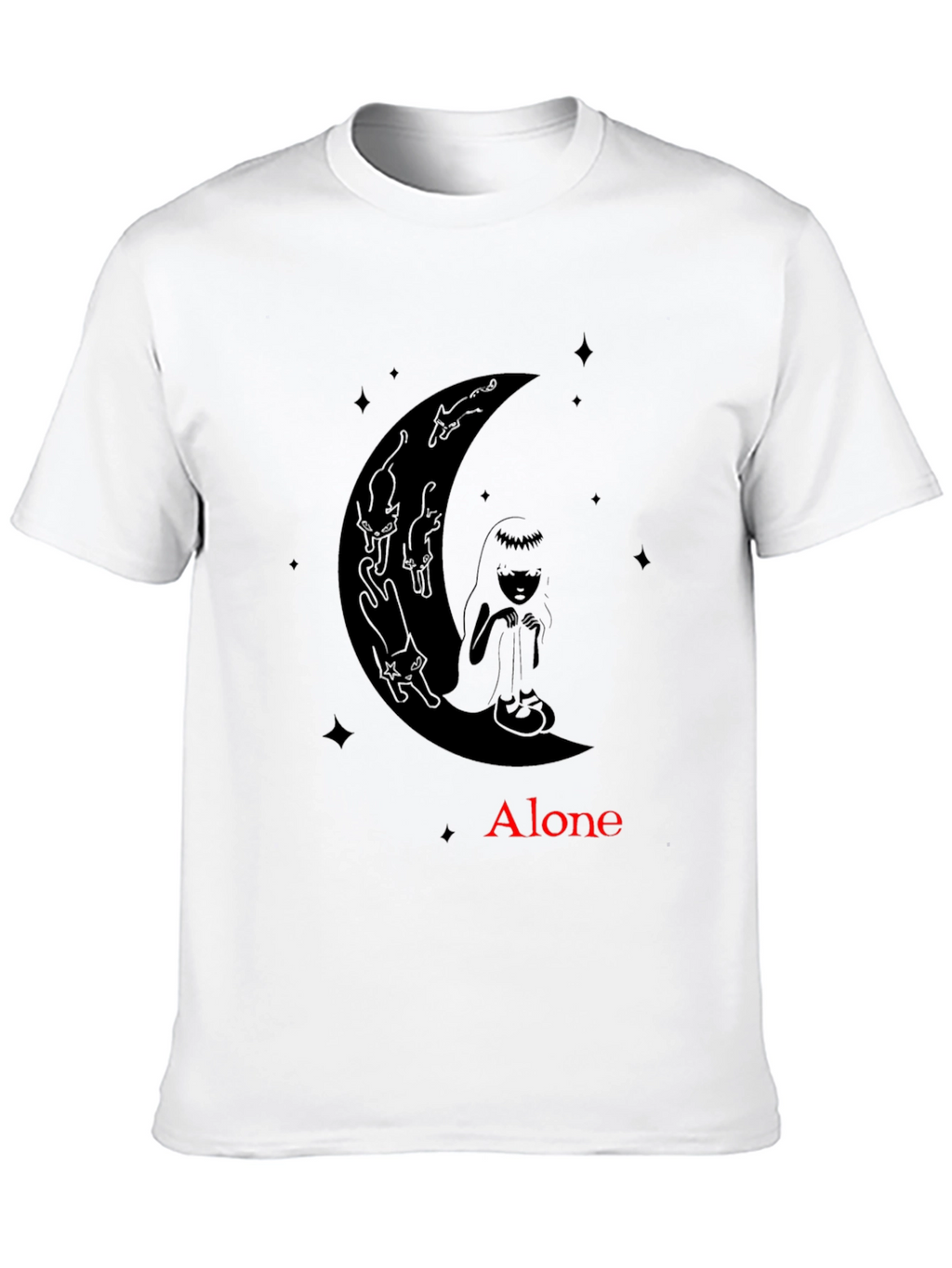Alone Girl & Cats Moon Graphic Tee - Black