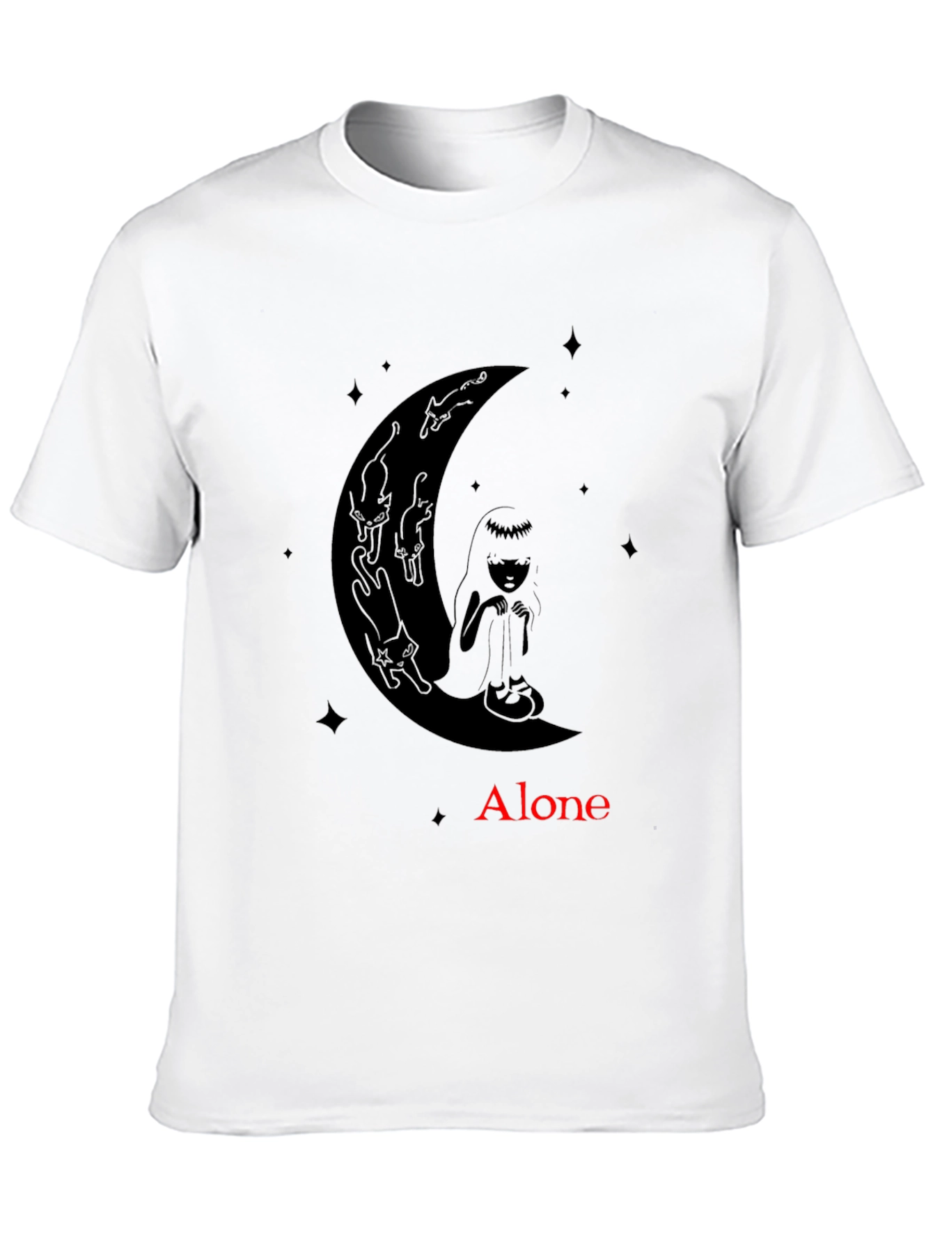 Alone Girl & Cats Moon Graphic Tee - Black