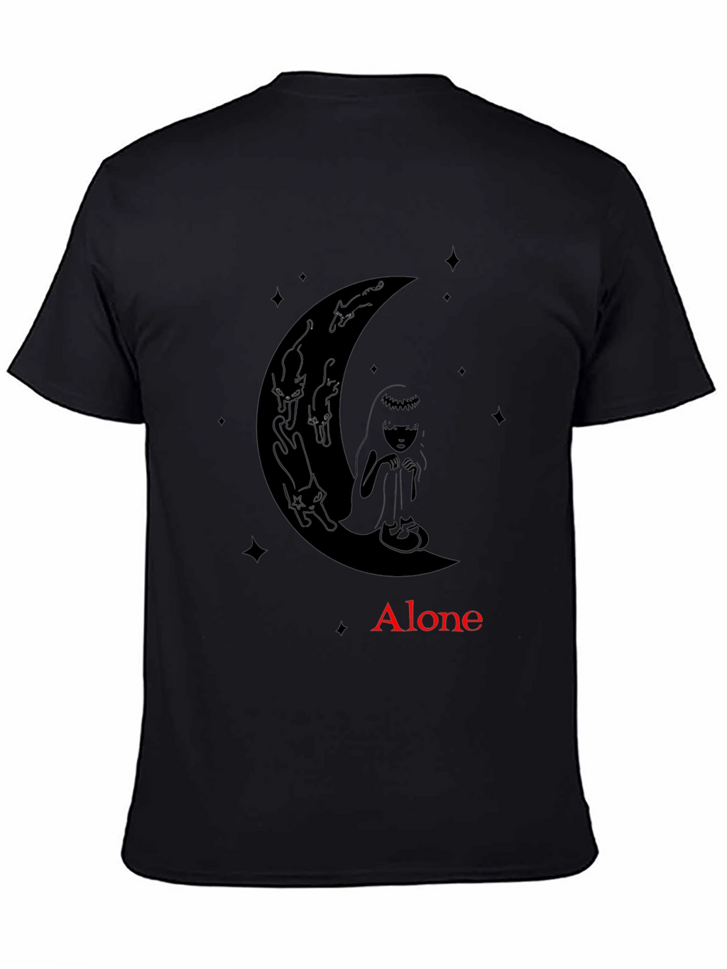 Alone Girl & Cats Moon Graphic Tee - Black