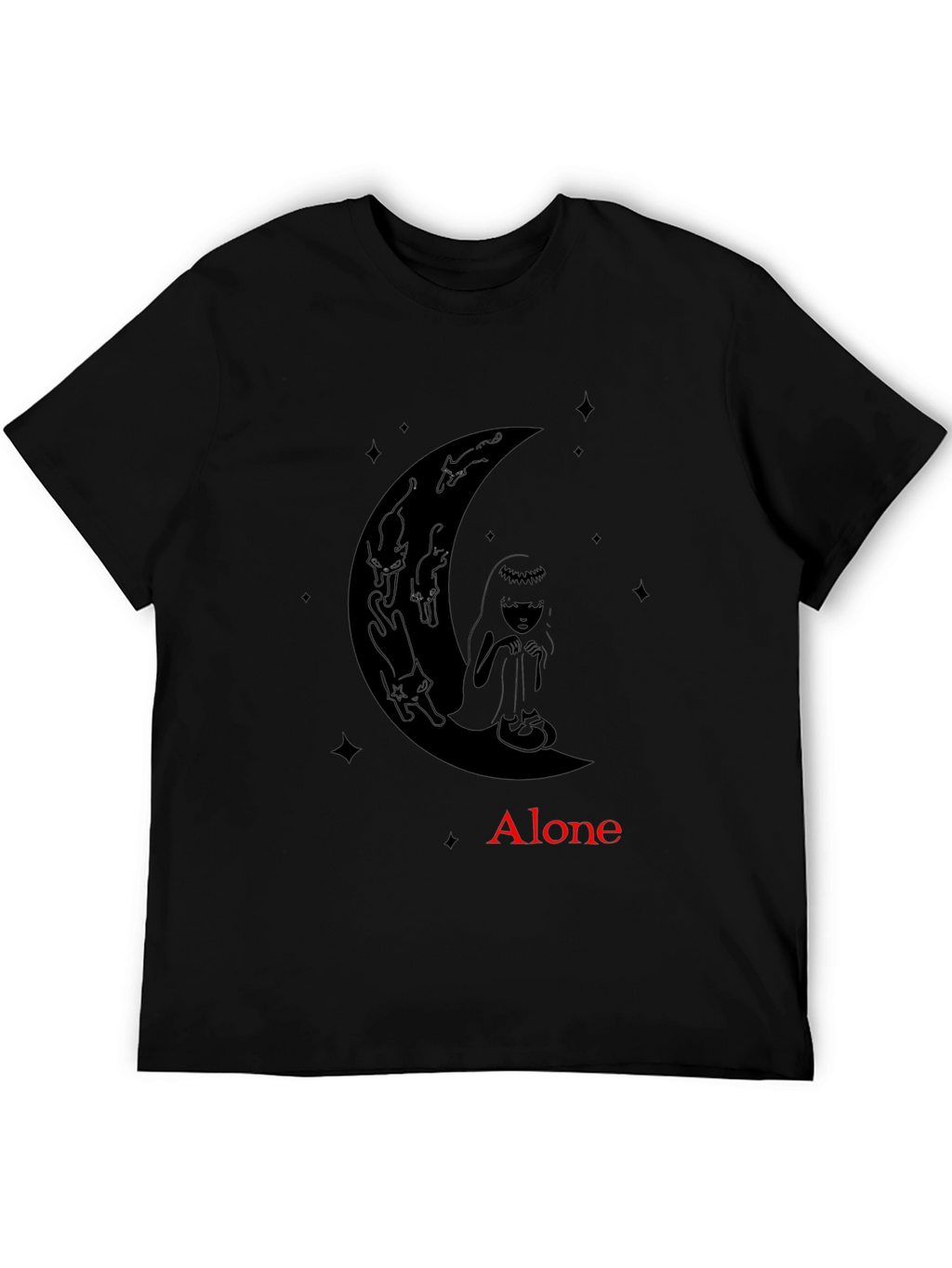 Alone Girl & Cats Moon Graphic Tee - Black