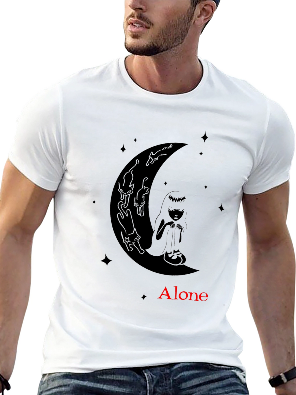 Alone Girl & Cats Moon Graphic Tee - Black