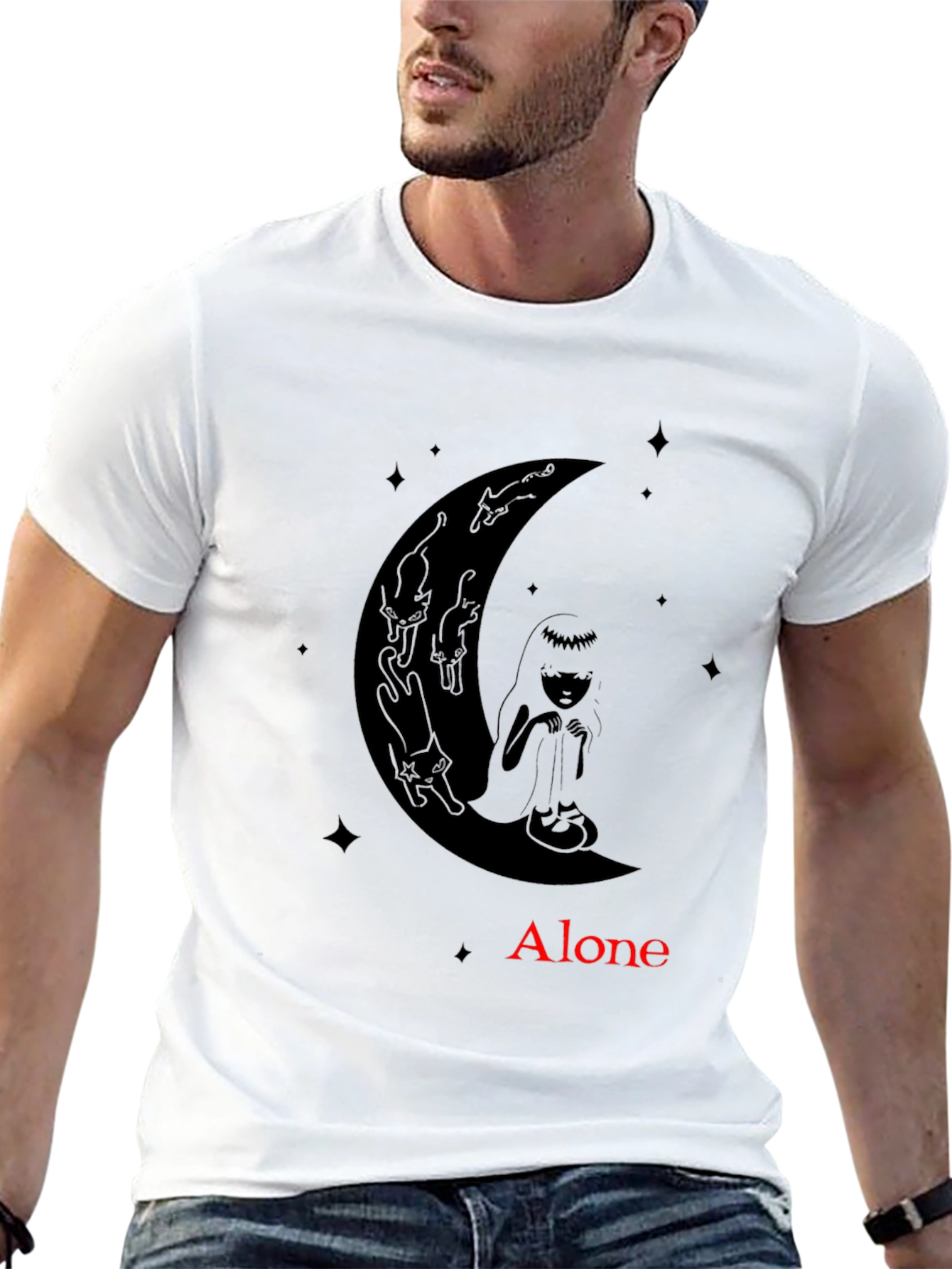 Alone Girl & Cats Moon Graphic Tee - Black
