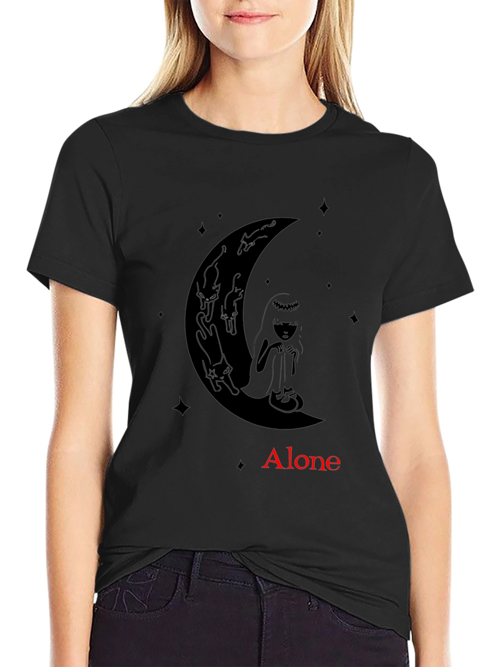 Alone Girl & Cats Moon Graphic Tee - Black