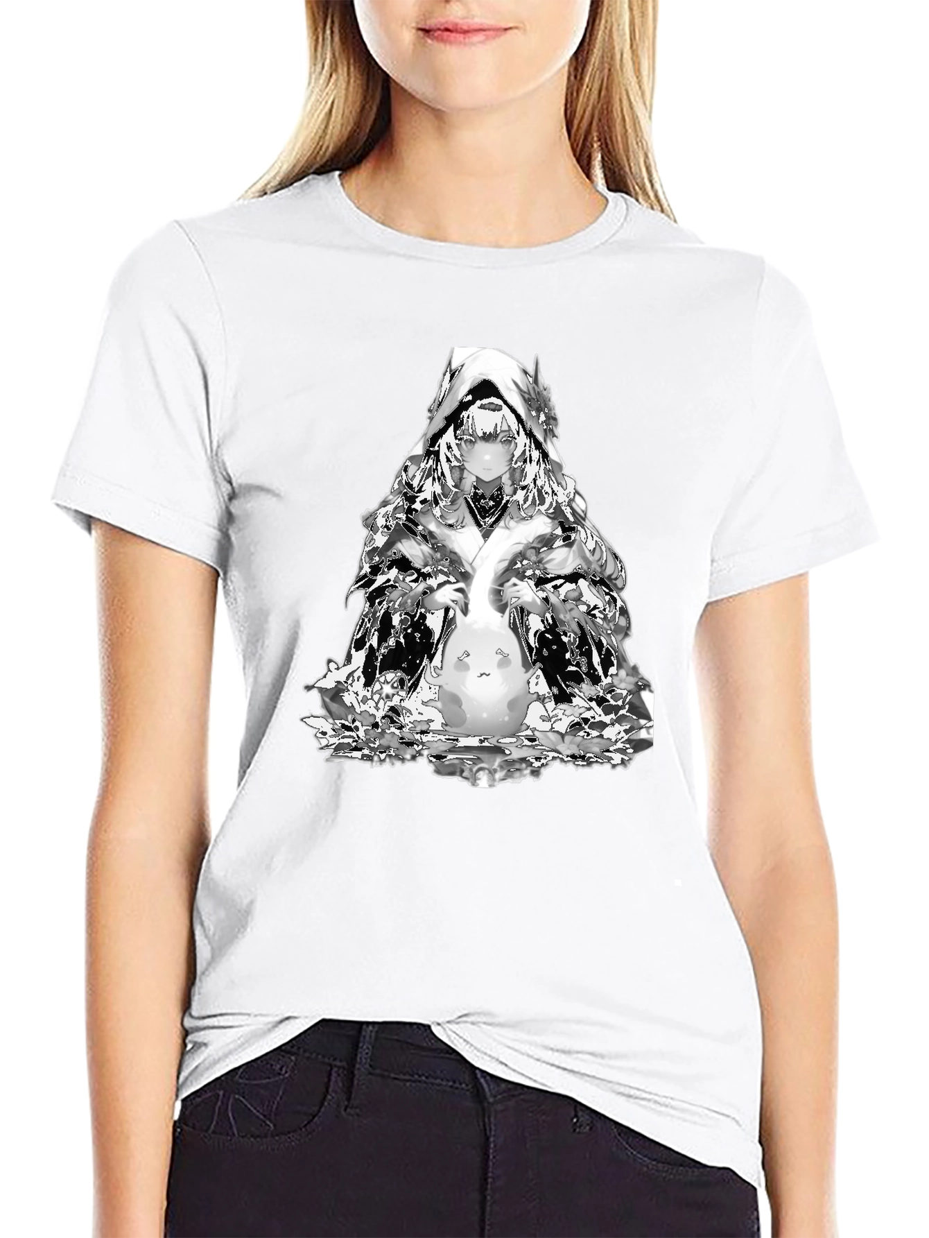 Anime Black T-Shirt with Silver Character Print
