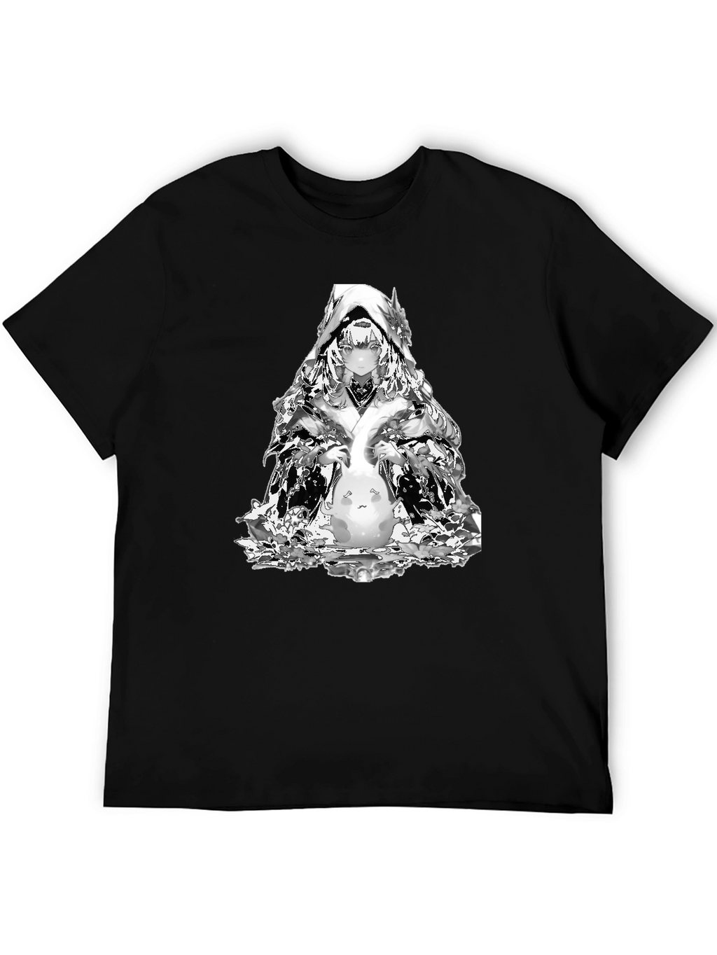 Anime Black T-Shirt with Silver Character Print