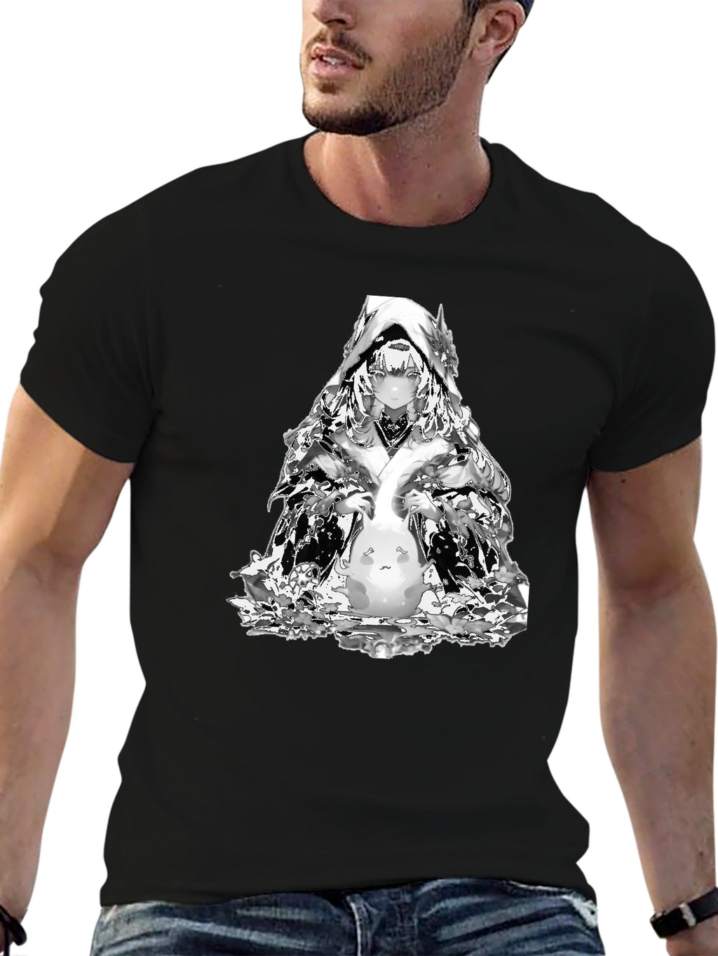 Anime Black T-Shirt with Silver Character Print
