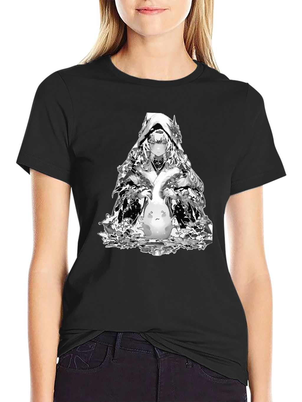 Anime Black T-Shirt with Silver Character Print