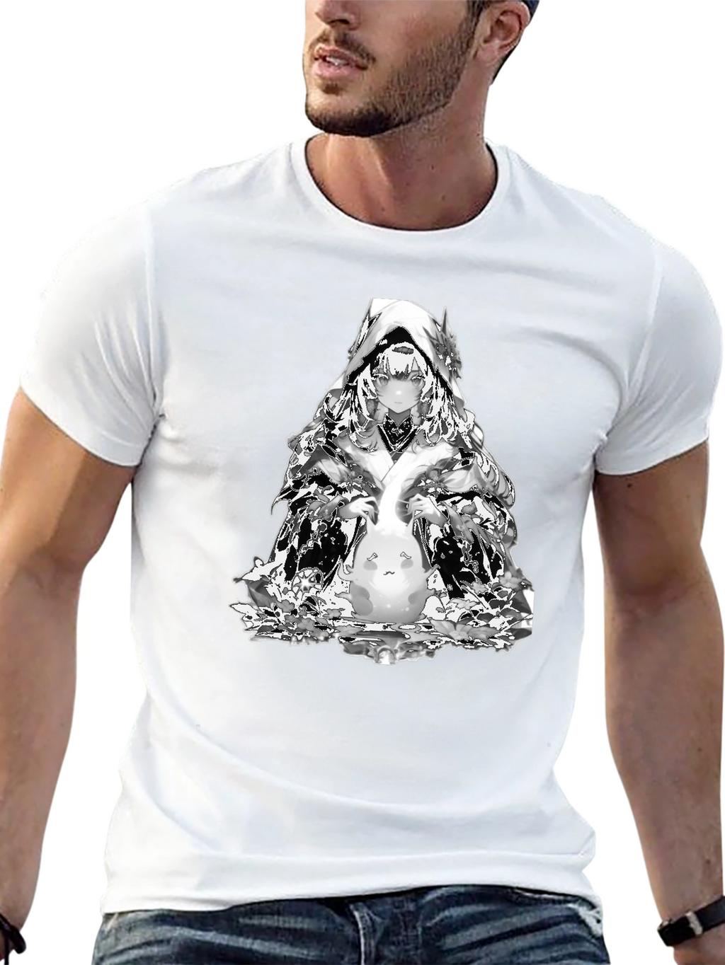 Anime Black T-Shirt with Silver Character Print