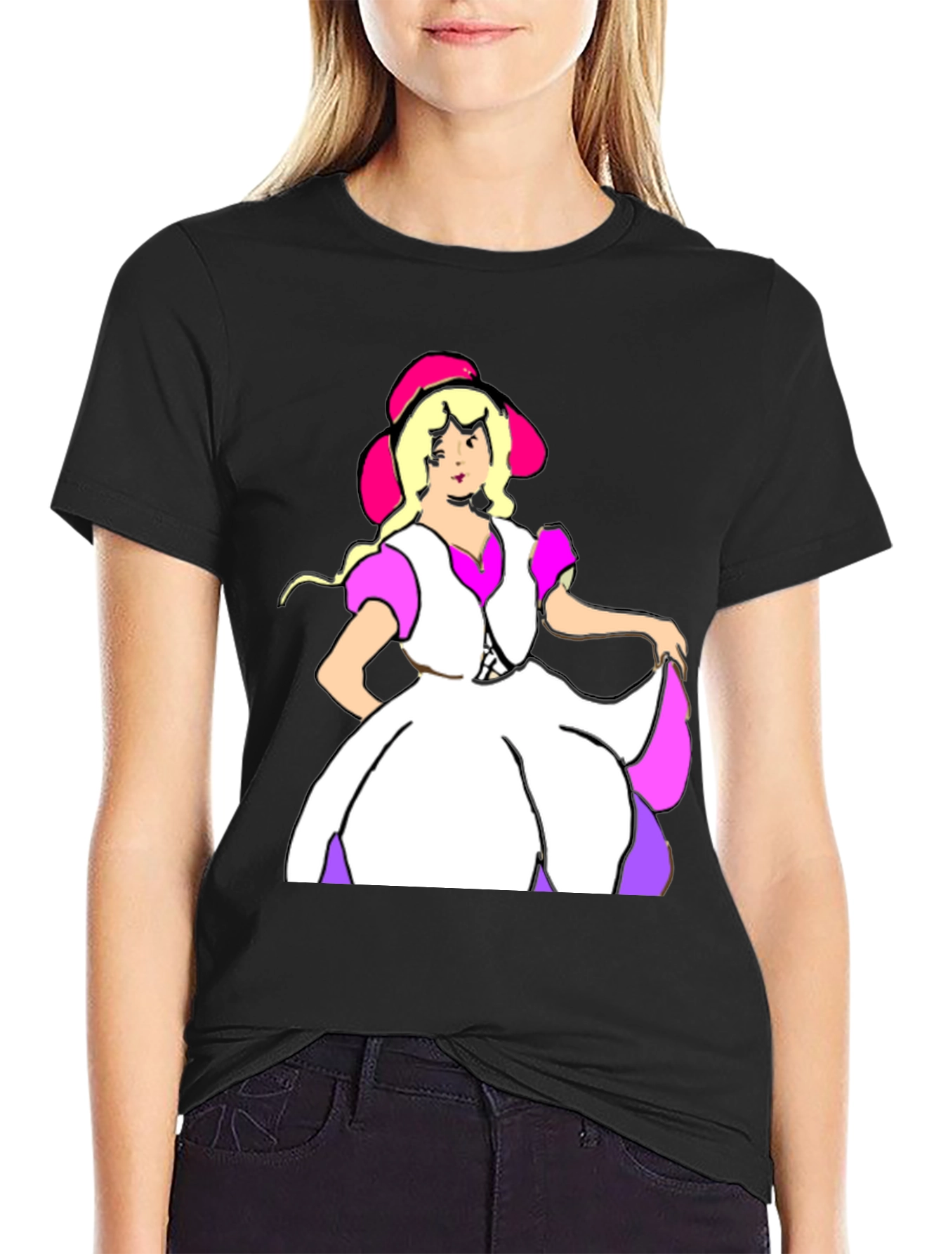 Cartoon Dress Lady Black Tee