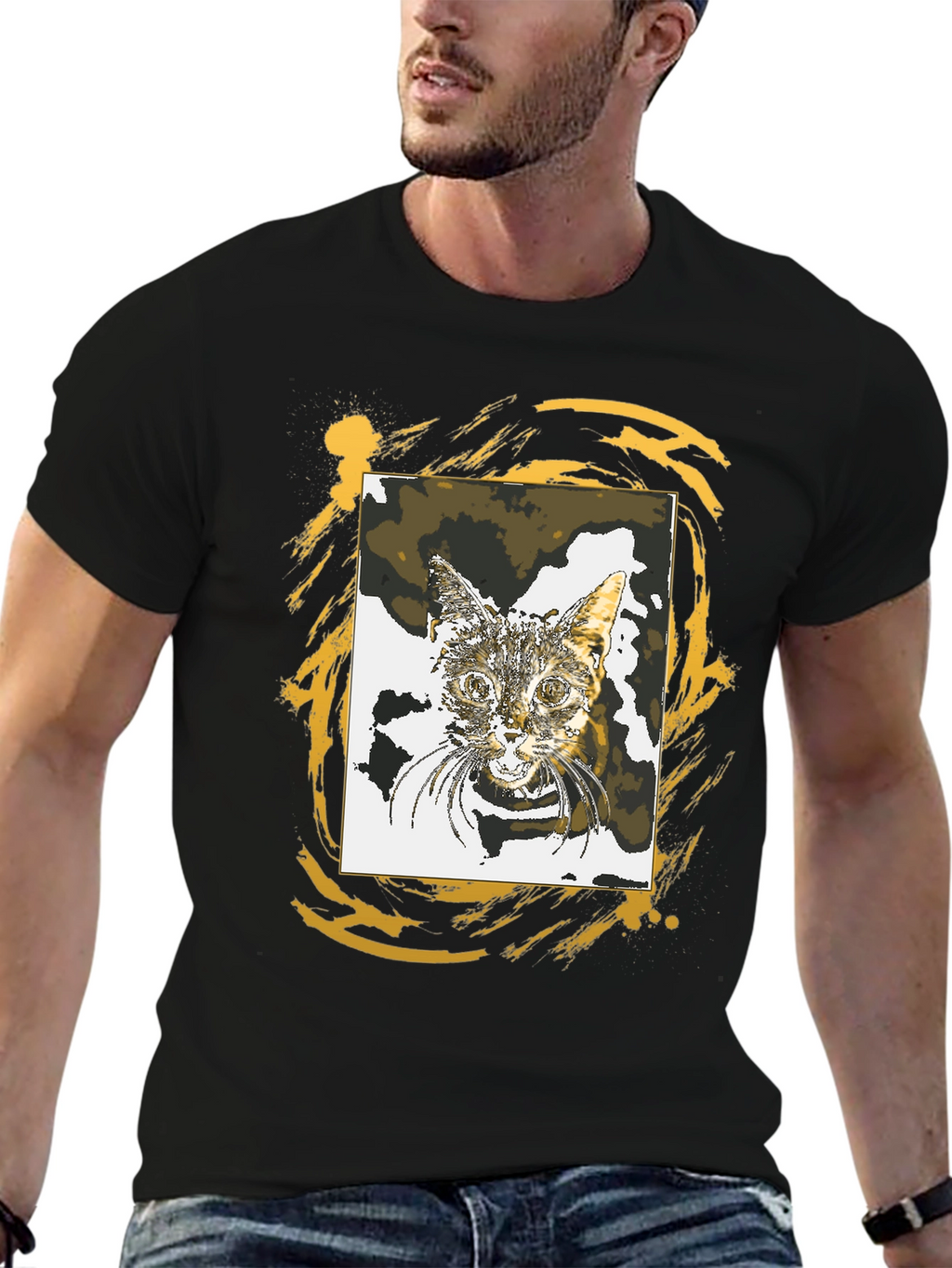 Cat Portrait Graphic Tee - Stylish Black T-Shirt