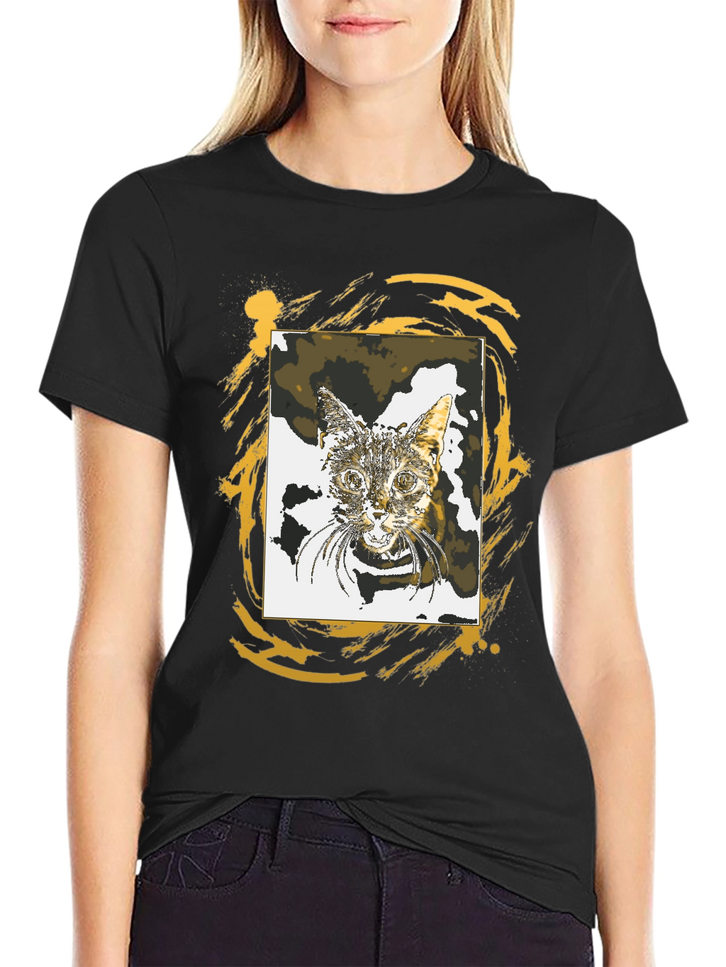 Cat Portrait Graphic Tee - Stylish Black T-Shirt
