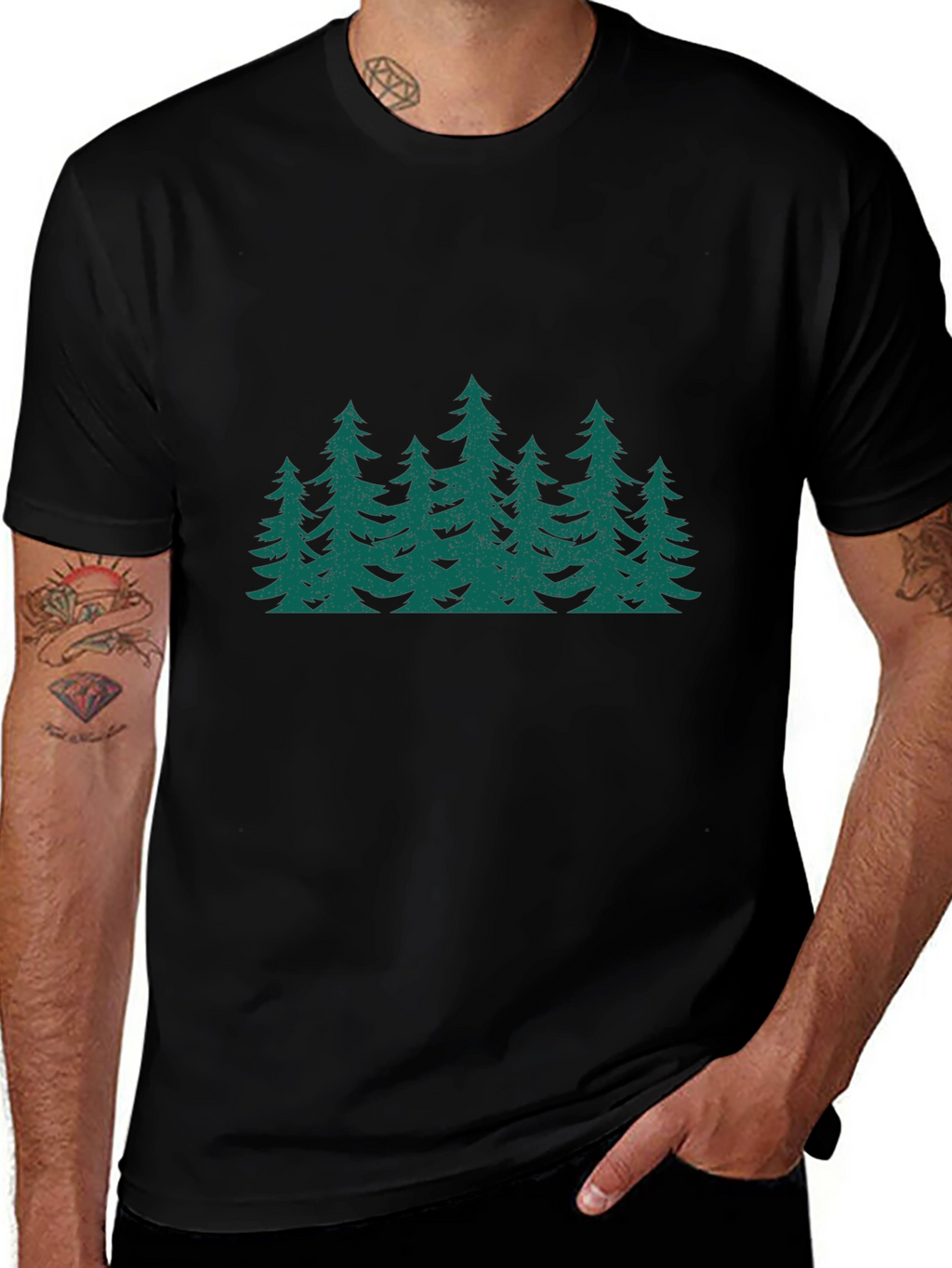 Green Forest Print Black T-Shirt