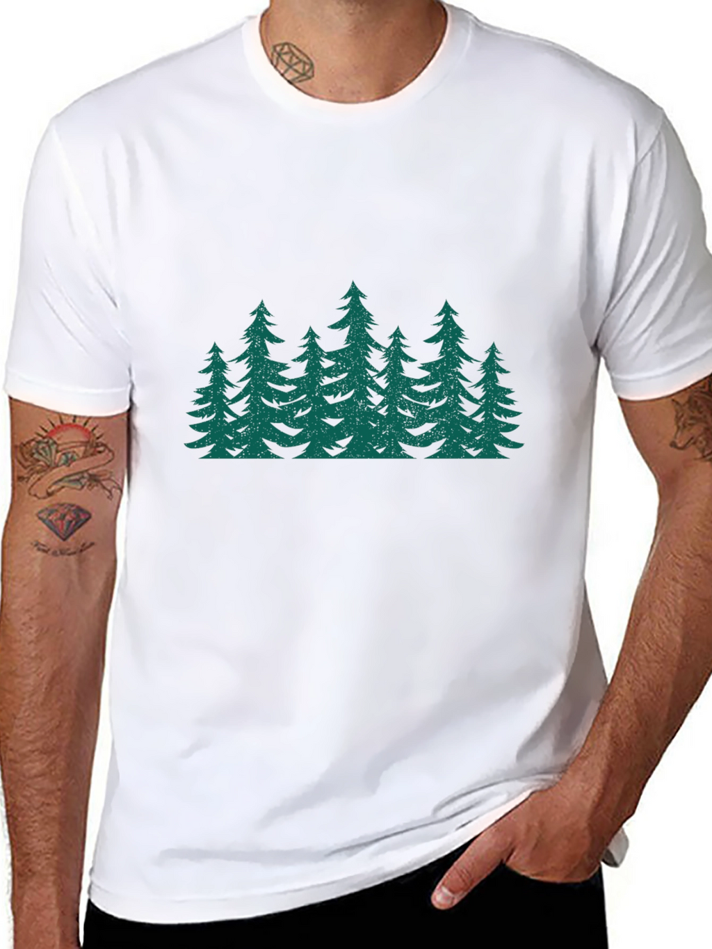 Green Forest Print Black T-Shirt