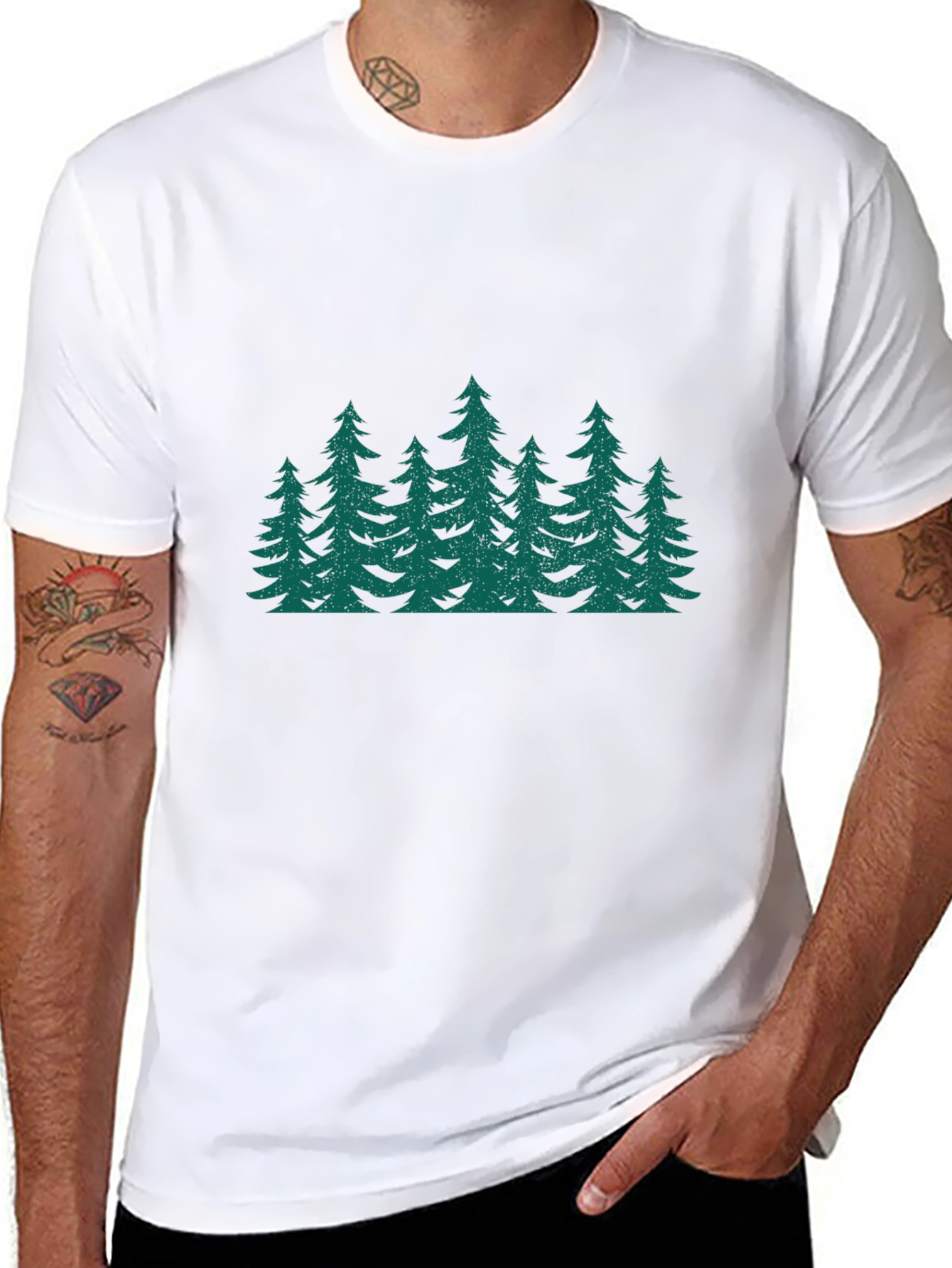 Green Forest Print Black T-Shirt
