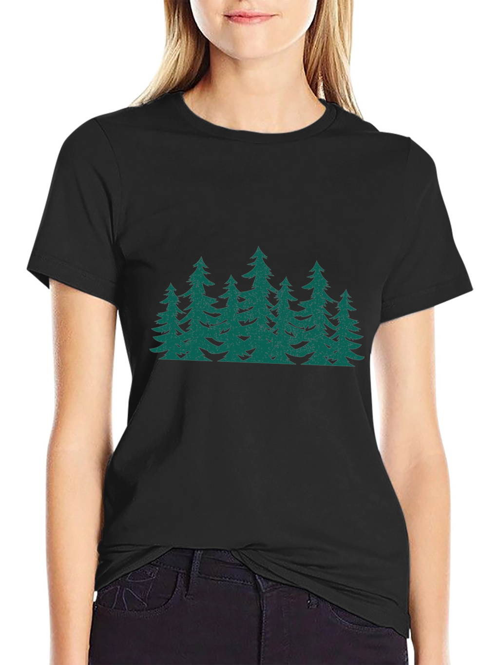 Green Forest Print Black T-Shirt