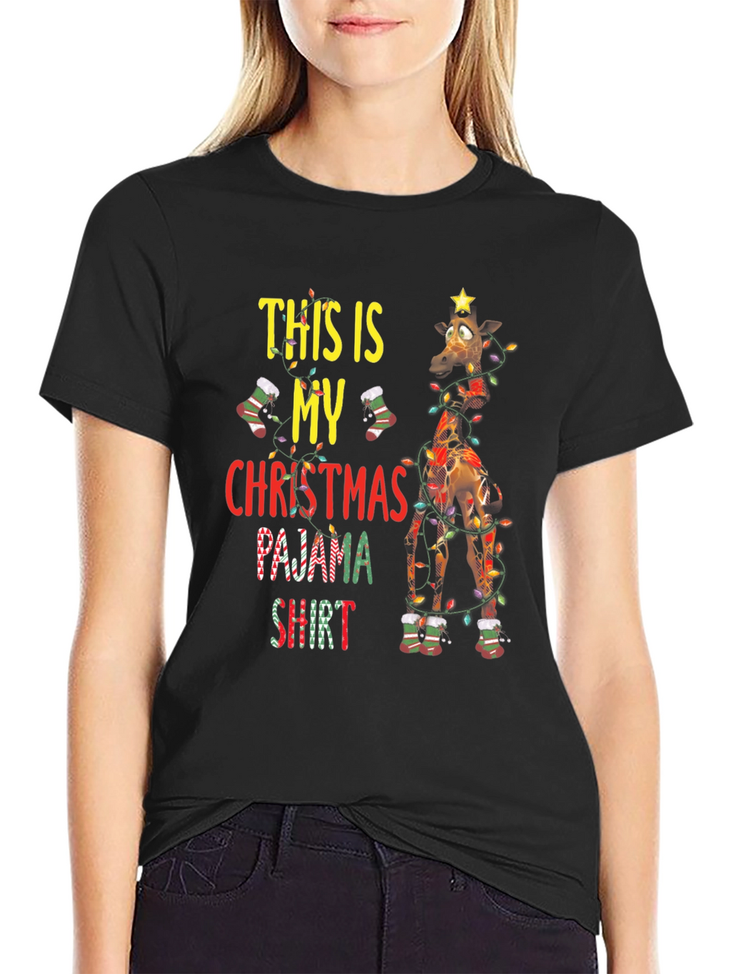 Christmas Pajama Shirt Giraffe Graphic Tee