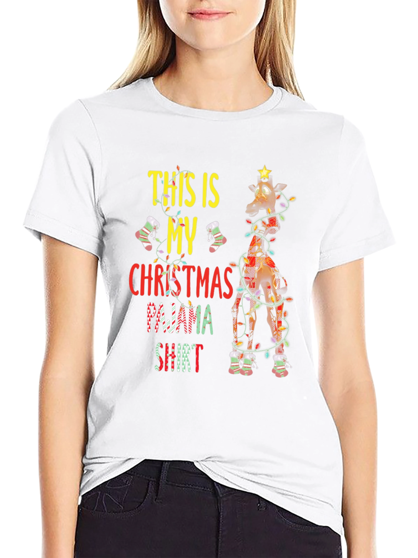 Christmas Pajama Shirt Giraffe Graphic Tee