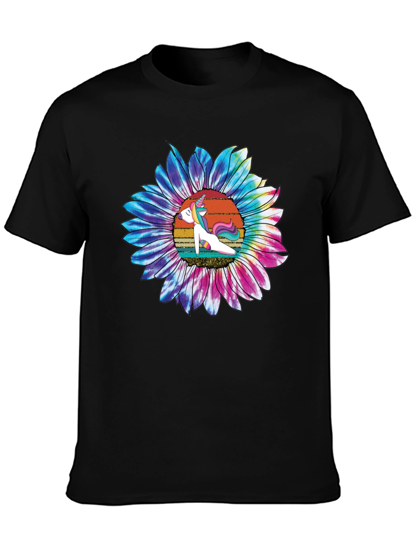 Unicorn Sunflower Graphic Tee - Casual Black T-Shirt