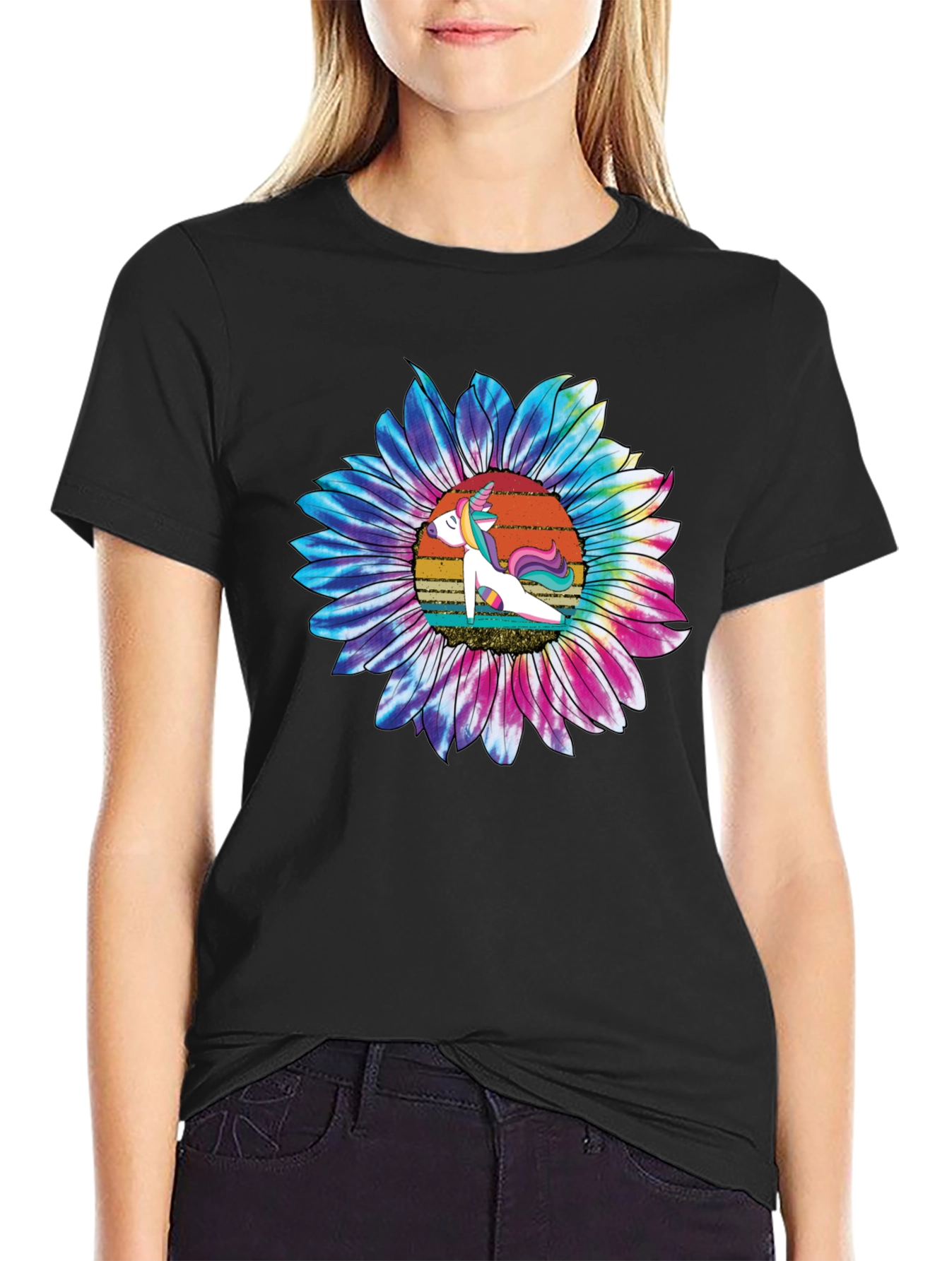 Unicorn Sunflower Graphic Tee - Casual Black T-Shirt