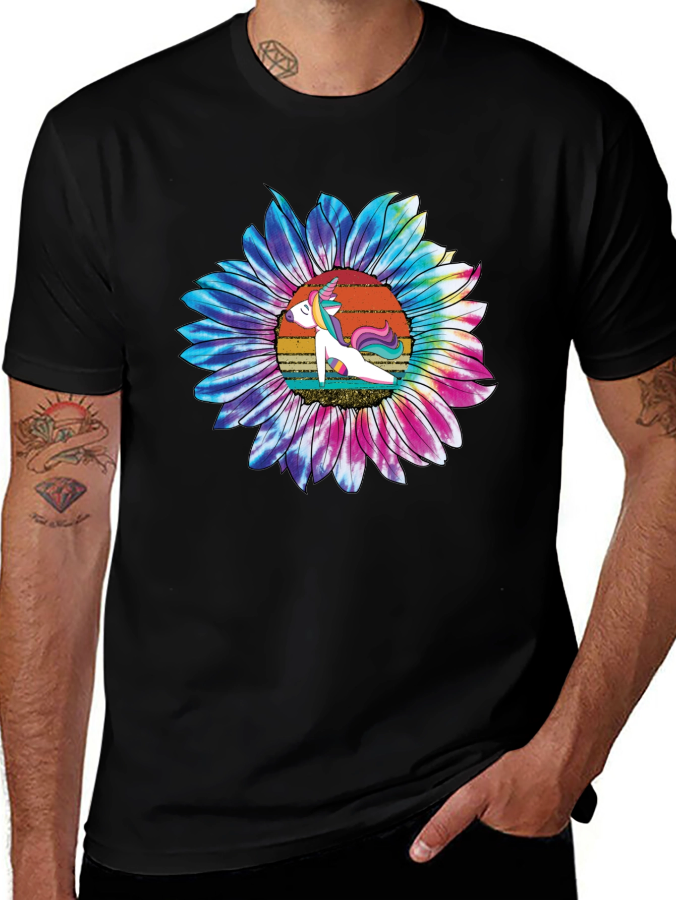 Unicorn Sunflower Graphic Tee - Casual Black T-Shirt