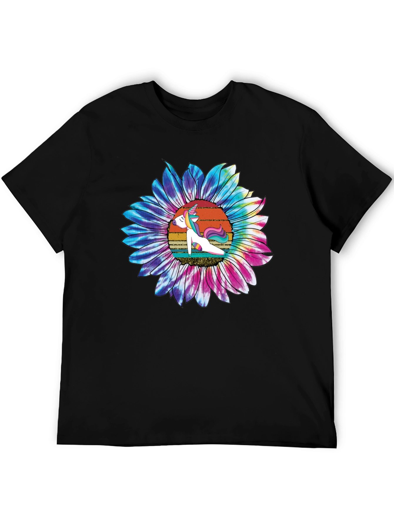 Unicorn Sunflower Graphic Tee - Casual Black T-Shirt