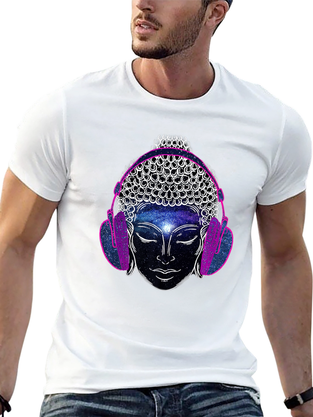 Buddha Galaxy Headphones Graphic Tee - Mens Black T-Shirt