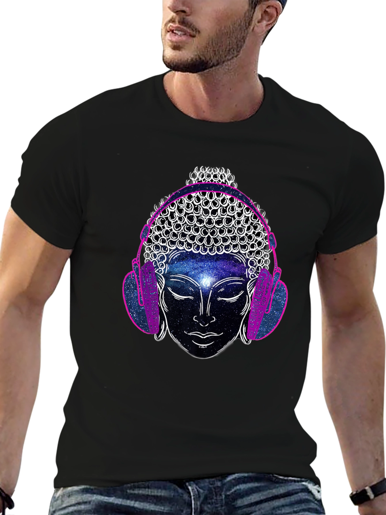 Buddha Galaxy Headphones Graphic Tee - Mens Black T-Shirt
