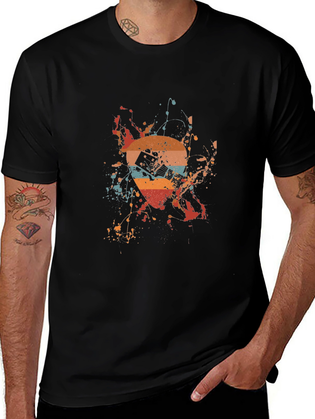 Retro Guitar Splash Graphic Tee - Unique Design