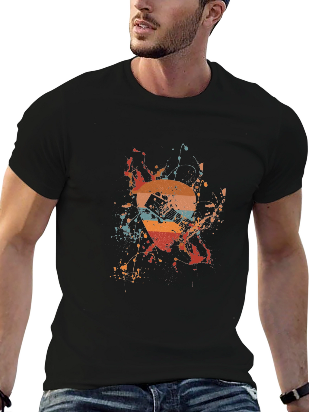 Retro Guitar Splash Graphic Tee - Unique Design