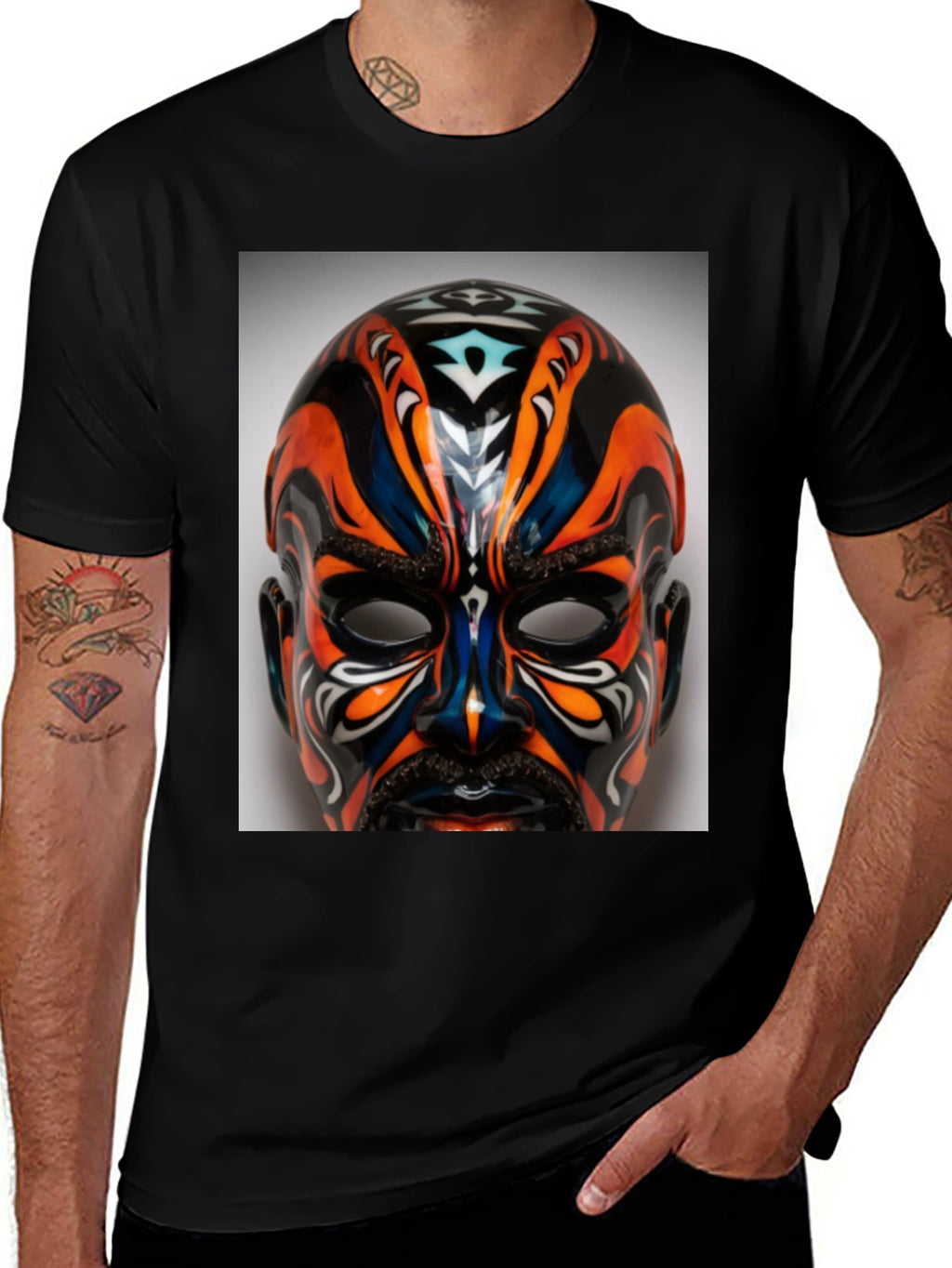 T-Shirt with Ornate Mask Graphic Print