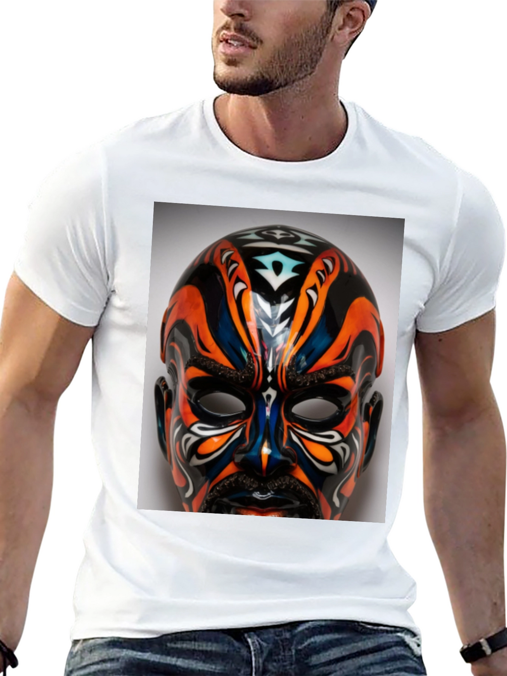T-Shirt with Ornate Mask Graphic Print