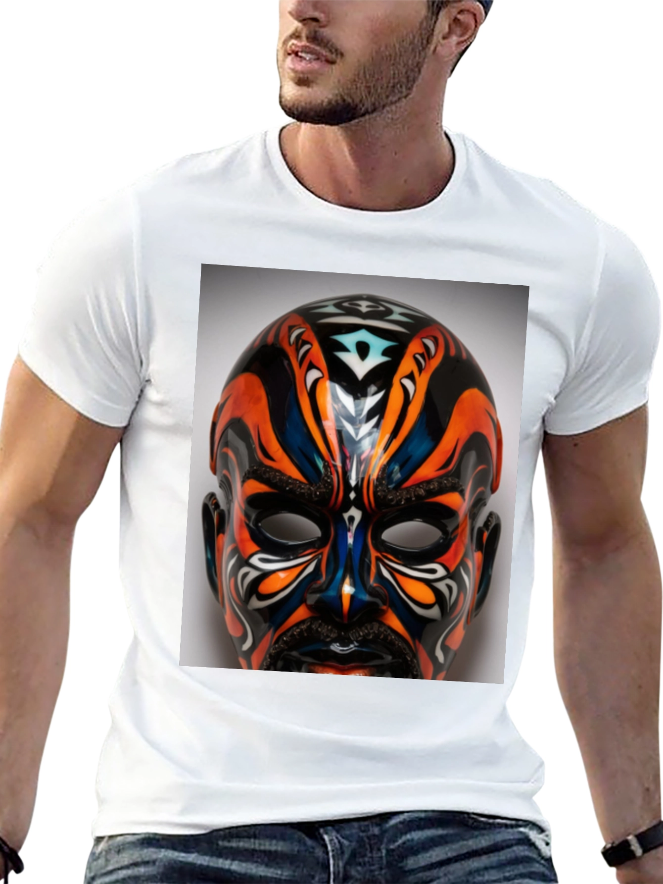 T-Shirt with Ornate Mask Graphic Print