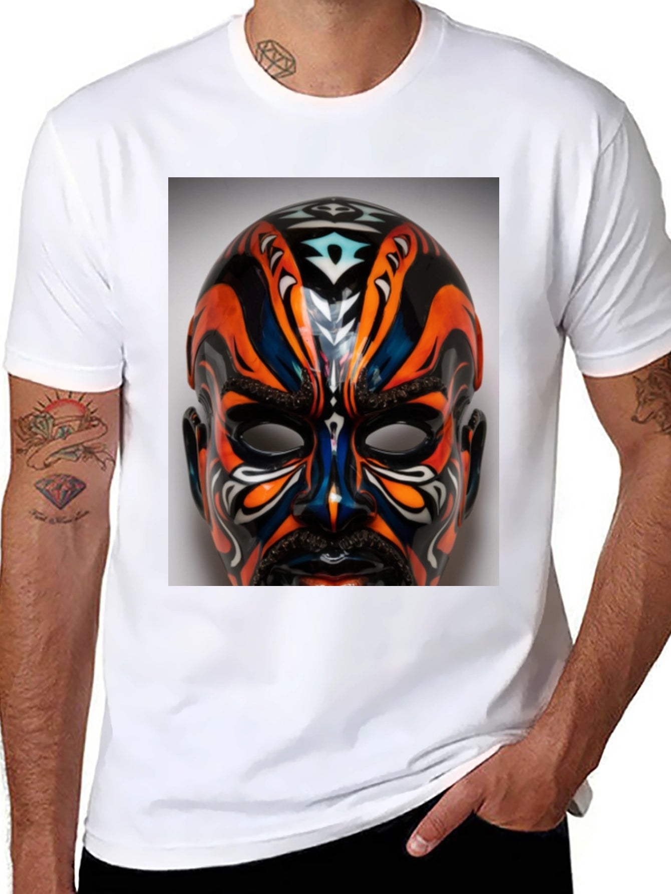 T-Shirt with Ornate Mask Graphic Print