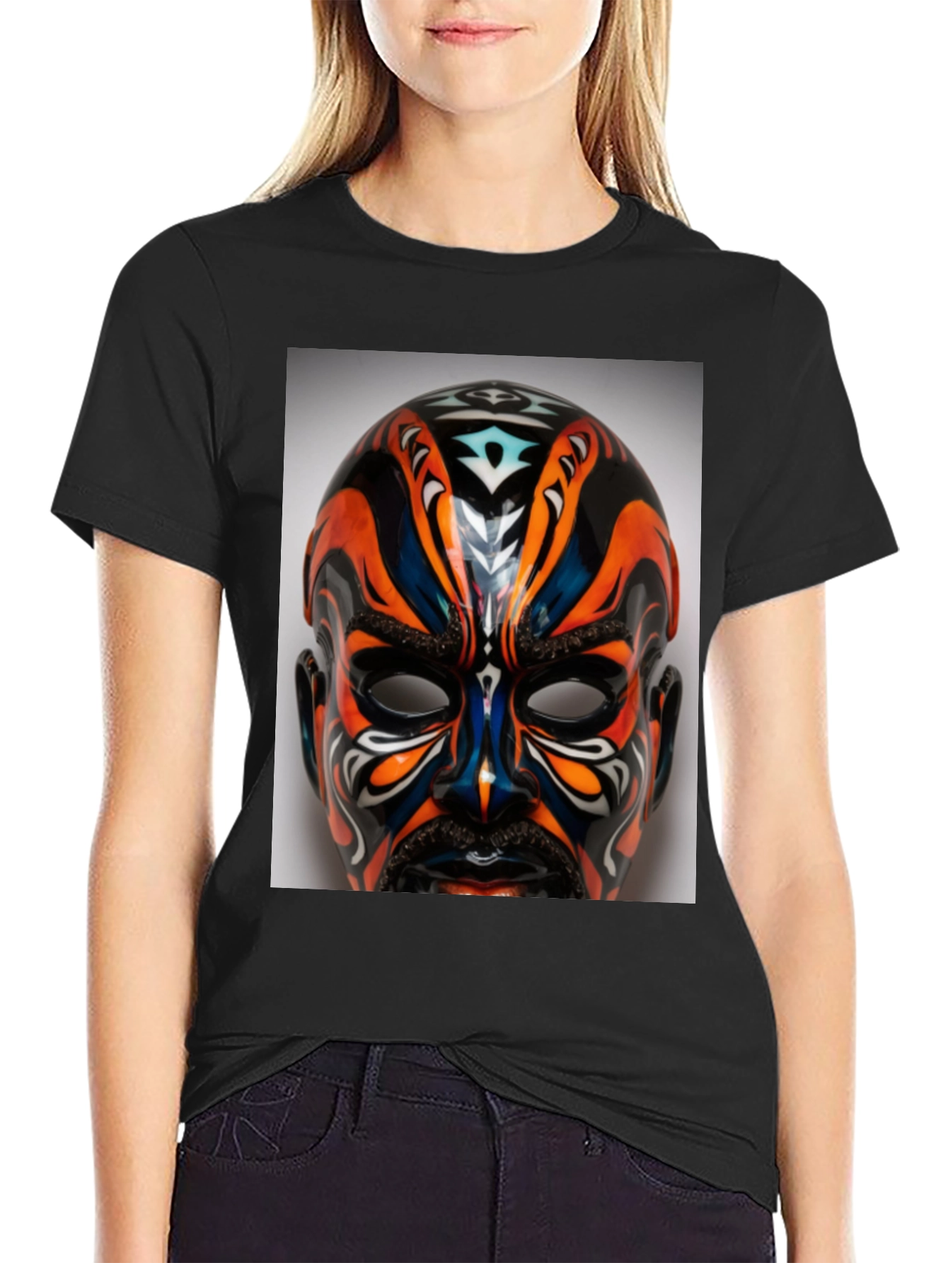 T-Shirt with Ornate Mask Graphic Print