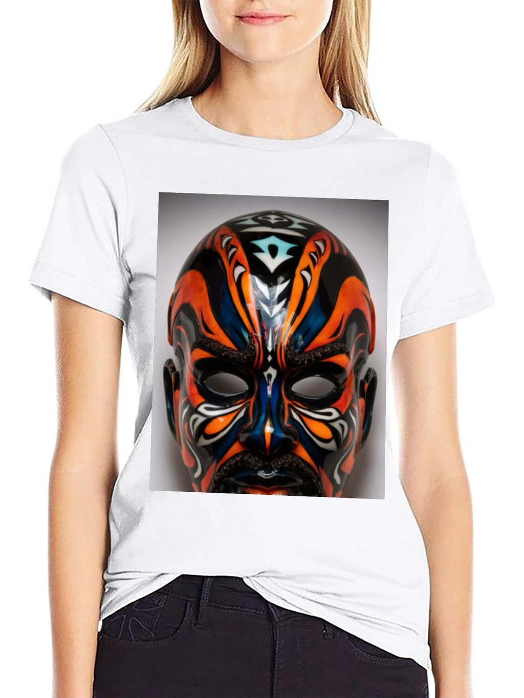 T-Shirt with Ornate Mask Graphic Print