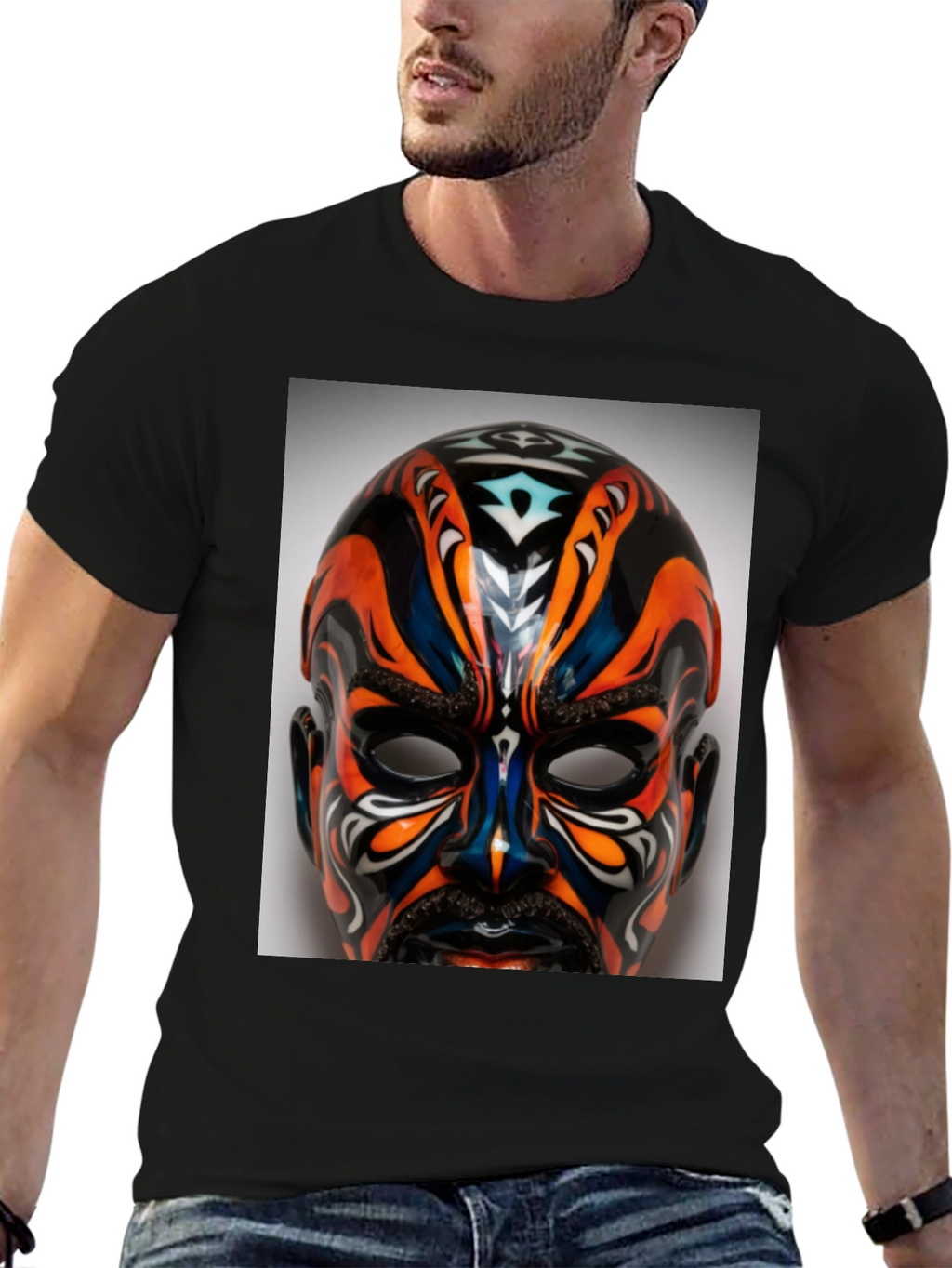 T-Shirt with Ornate Mask Graphic Print