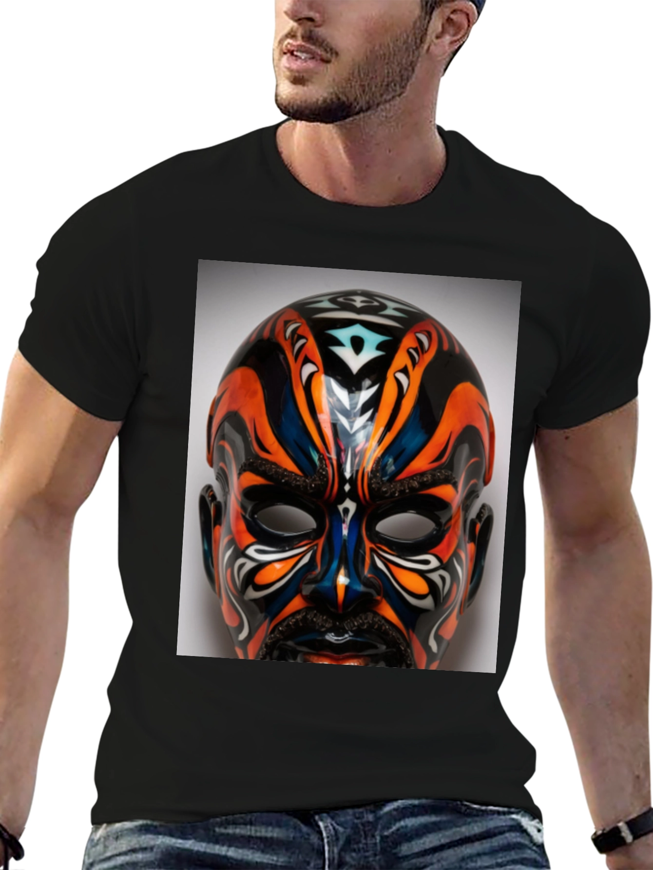 T-Shirt with Ornate Mask Graphic Print