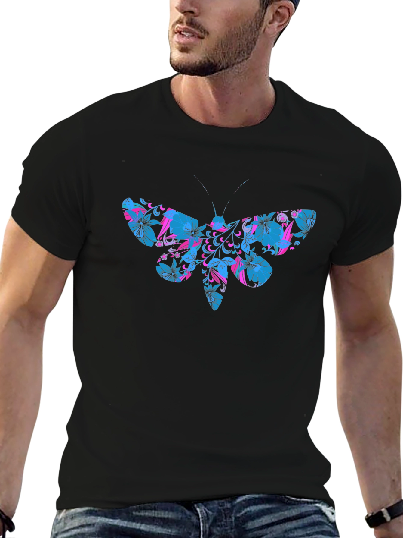 Floral Moth Graphic T-Shirt - Black