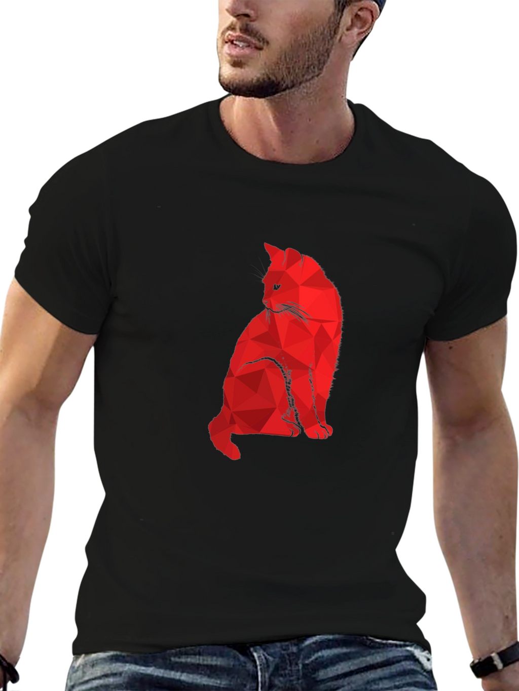 Geometric Red Cat Black T-Shirt