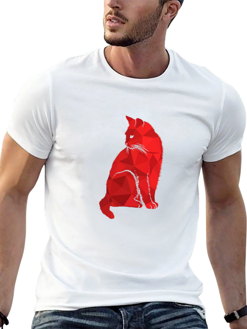 Geometric Red Cat Black T-Shirt