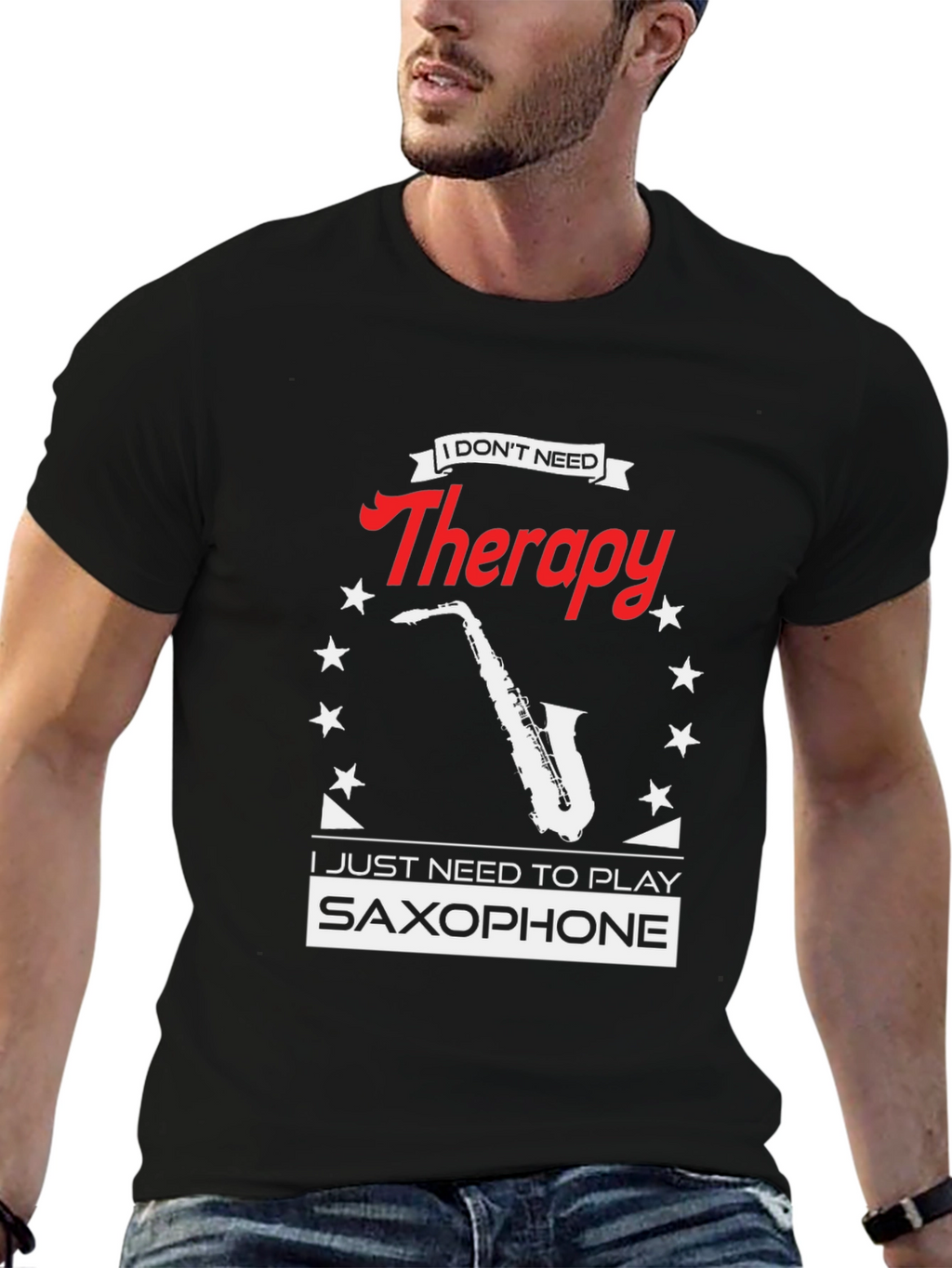 Saxophone Therapy Black T-Shirt - Musicians Humor Tee