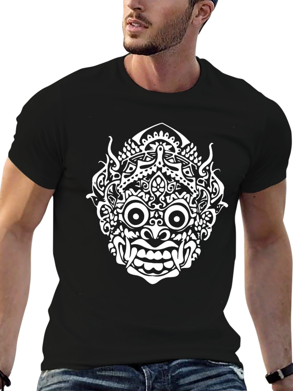 Black T-Shirt with White Demon Mask Print