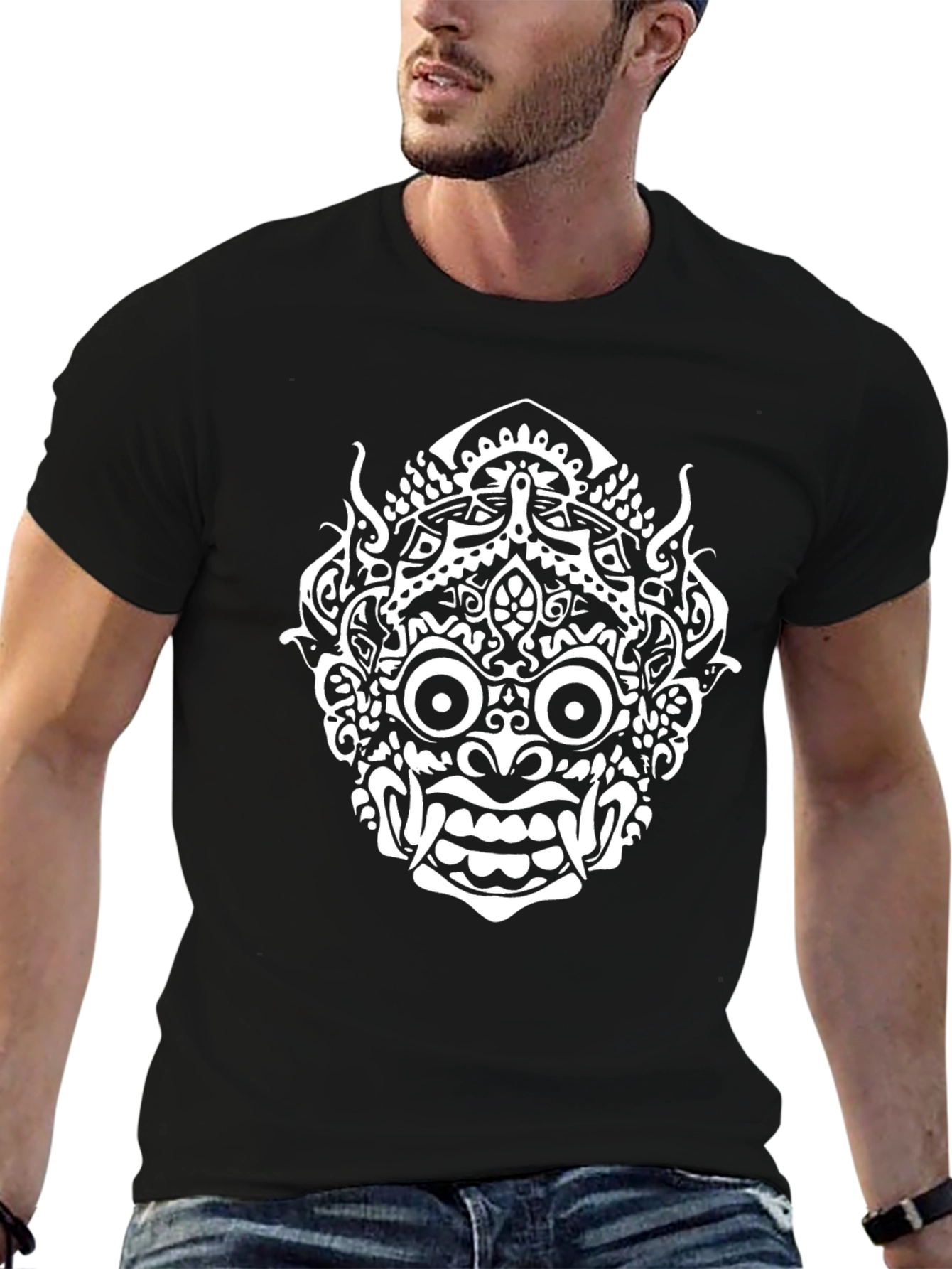 Black T-Shirt with White Demon Mask Print