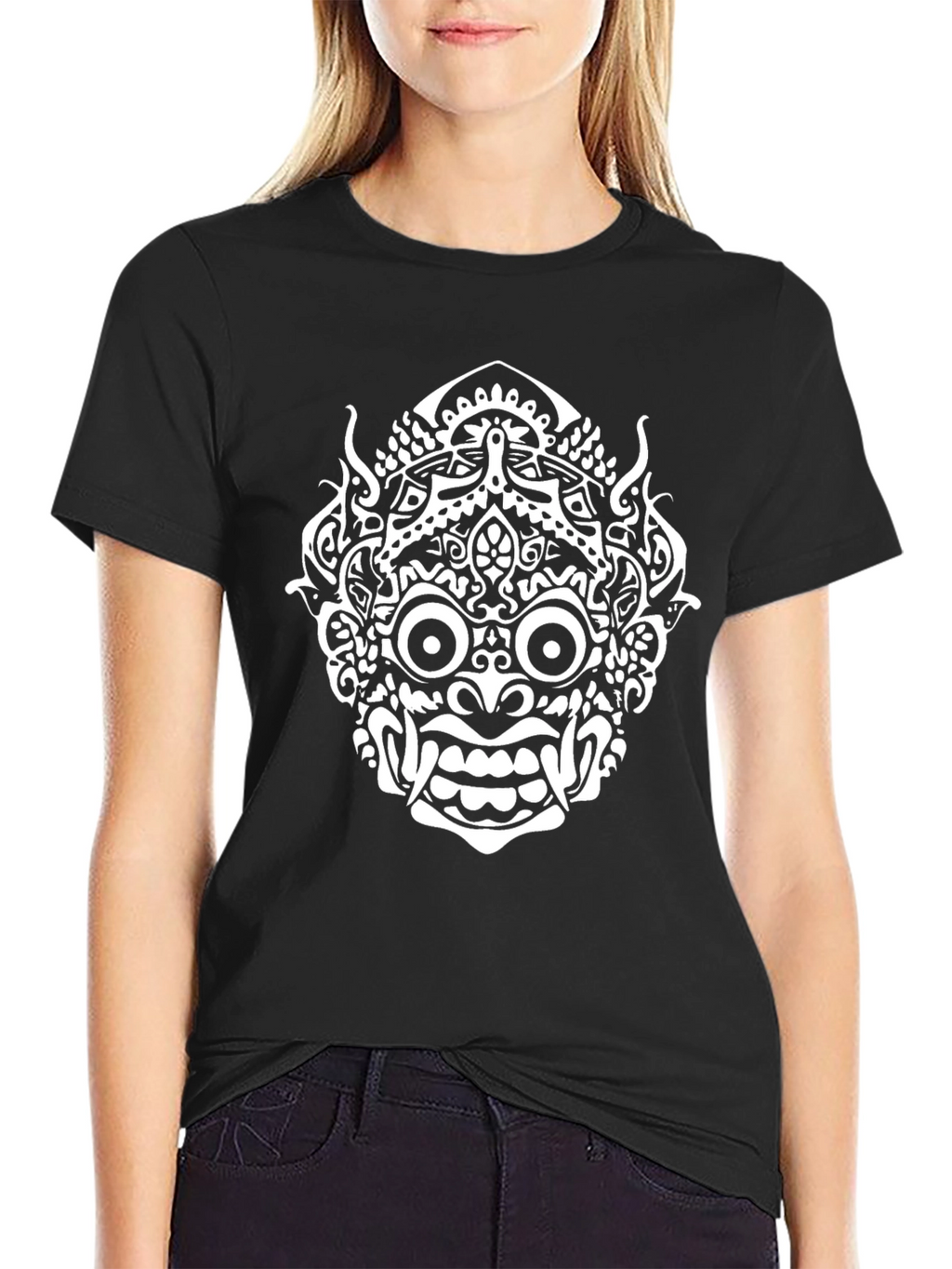 Black T-Shirt with White Demon Mask Print