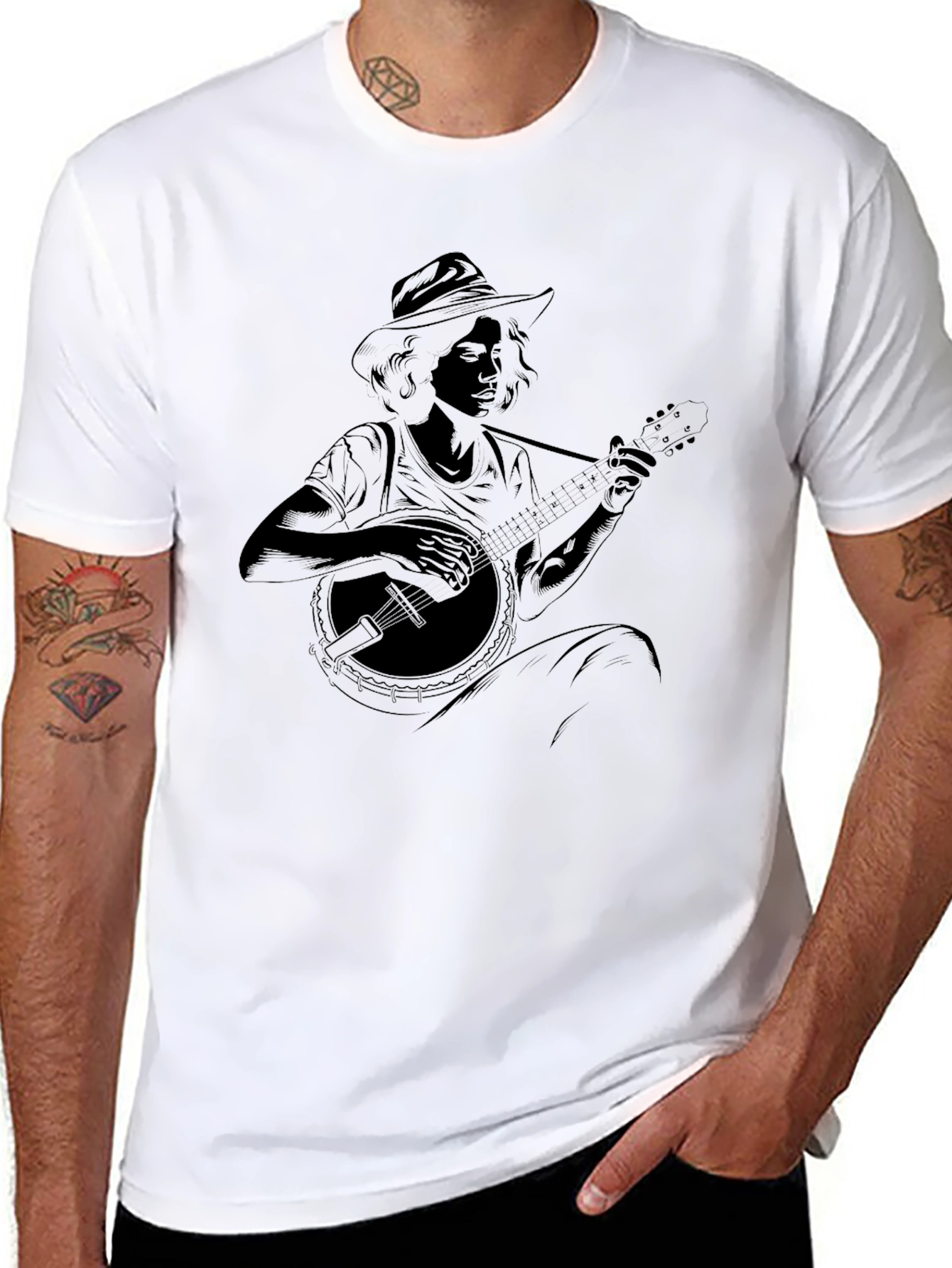 Banjo Player Graphic Black Tee - Unisex