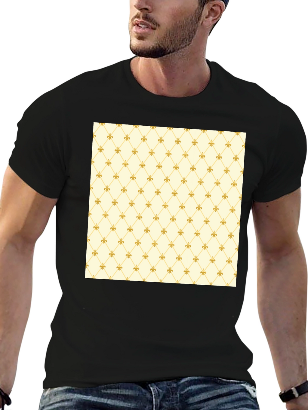 Fleur-de-Lis Pattern Black Crew Neck T-Shirt