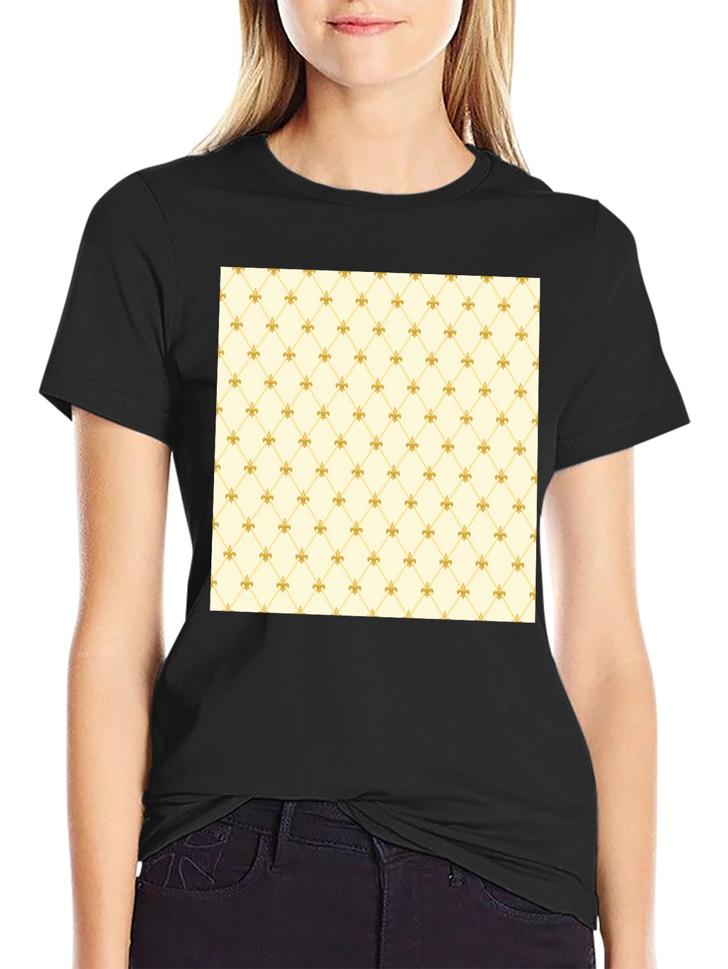 Fleur-de-Lis Pattern Black Crew Neck T-Shirt