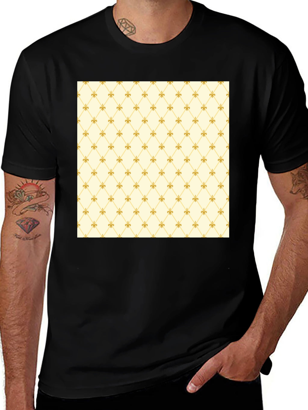 Fleur-de-Lis Pattern Black Crew Neck T-Shirt