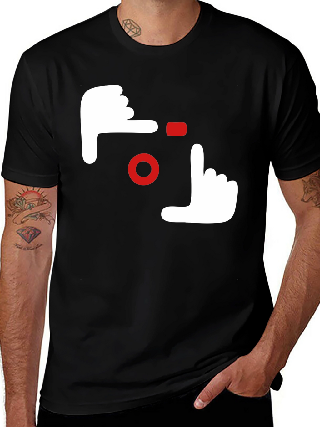 Camera Hands Gesture Graphic Tee - Black Cotton Casual